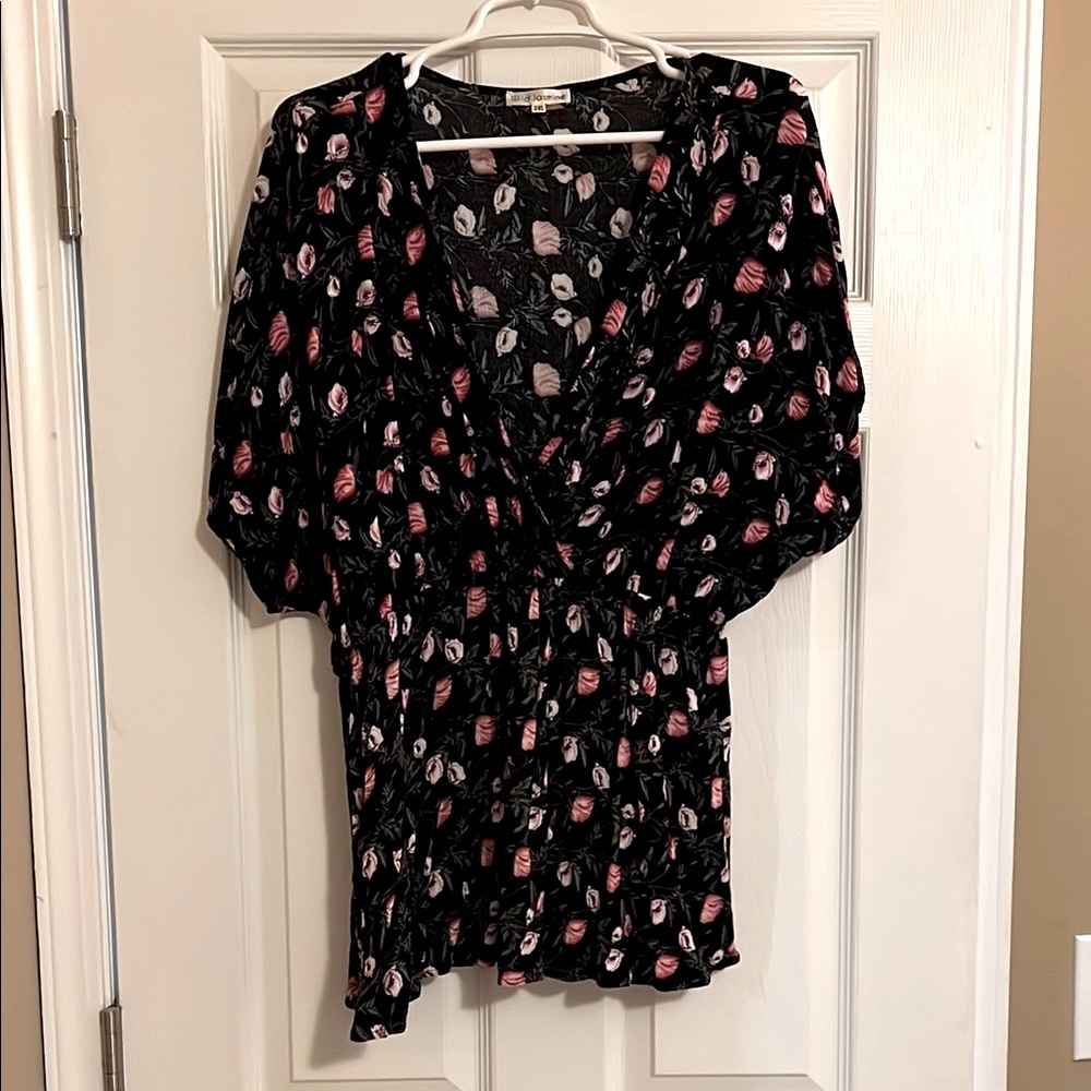 Black and Pink Wrap Blouse with 3/4 Sleeves